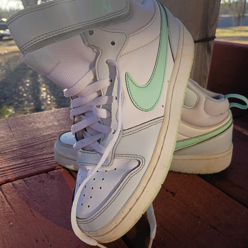 Nike White and Mint Green High-Top Sneakers